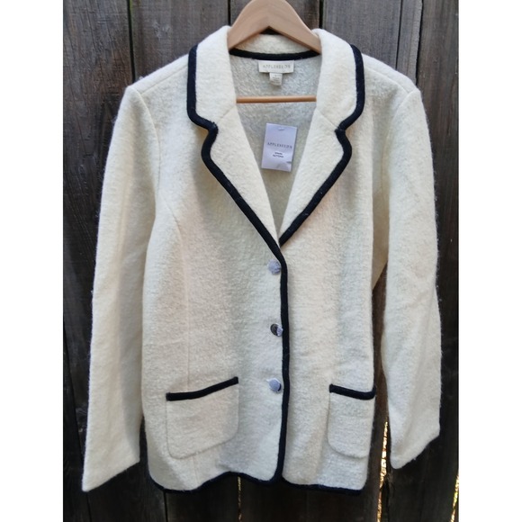 New Wool Appleseed's Cream&Black Women's Jacket Wool Gunmetal Buttons Coat SizeL - Picture 1 of 10